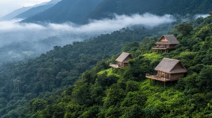 Obraz premium Lush green mountains with misty valleys and wooden cabins nestled amid dense foliage, creating a serene and tranquil landscape.