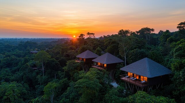 Aerial view of cozy cabins in a lush forest during sunset, showcasing a serene escape into nature's beauty.