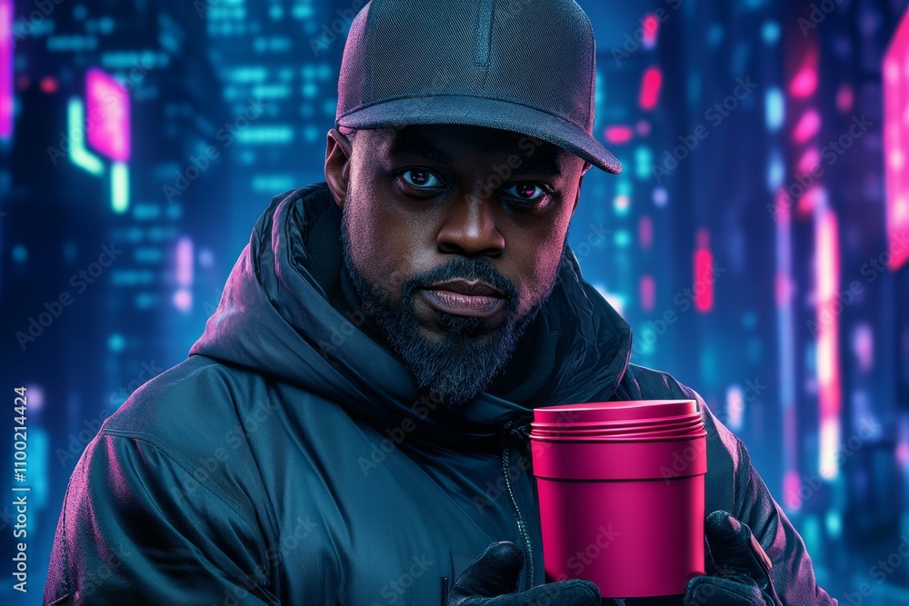 Poster a winner holding a futuristic cyberpunk award in a neon-lit environment with digital graphs and dark