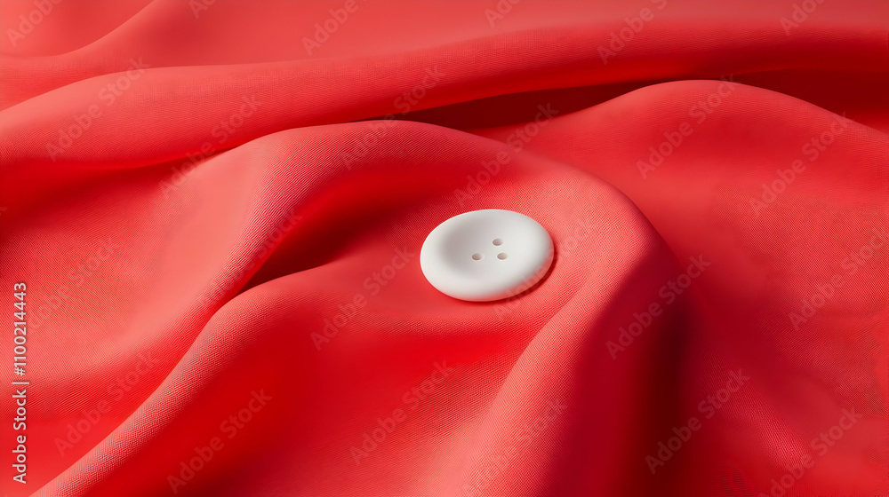 Poster close-up of a single white button on red fabric. the fabric is draped and textured.