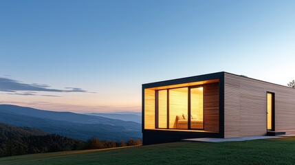 A modern house with large windows, set against a scenic mountainous landscape during dusk, showcasing a blend of architecture and nature.