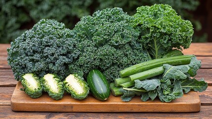 Fresh green vegetables on wooden board: kale, broccoli, and more