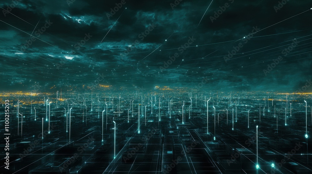 Poster futuristic digital cityscape with glowing data streams and clouds
