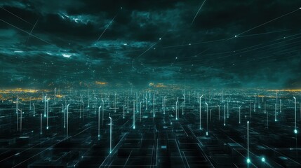 Futuristic Digital Cityscape with Glowing Data Streams and Clouds