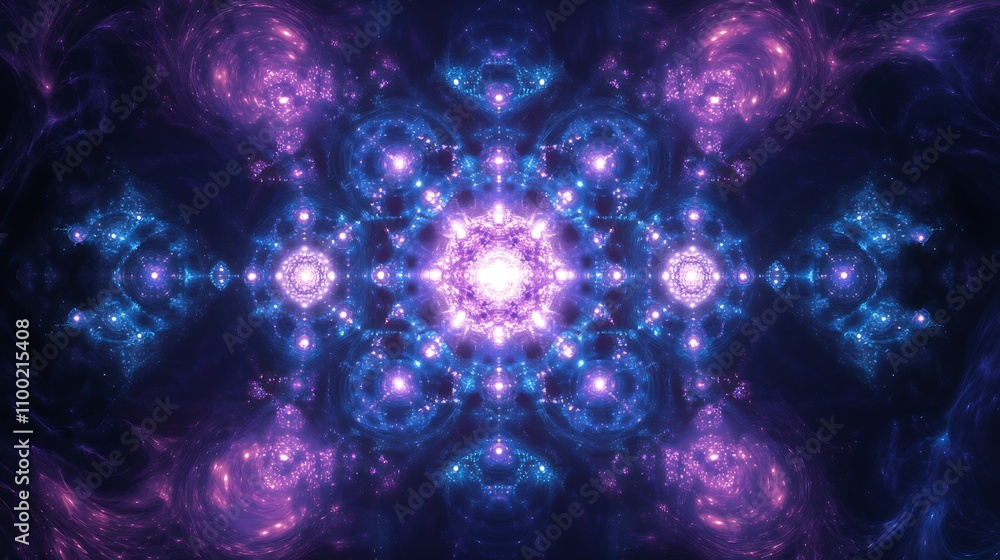 Poster fractal pattern glowing with vibrant colors in a symmetrical design