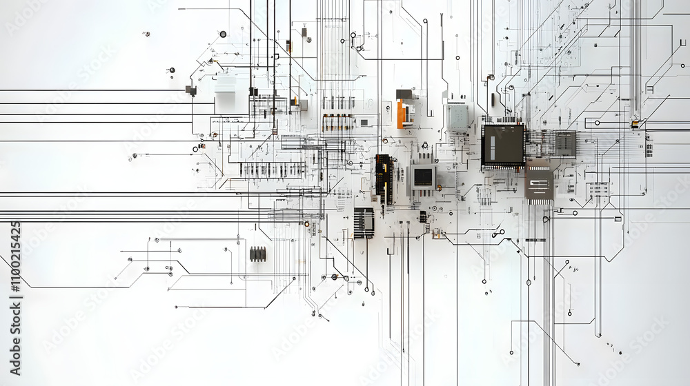 Poster This image depicts a minimalist and abstract representation of electrical circuits and technical schematics The design features clean monochrome line drawings of various interconnected components