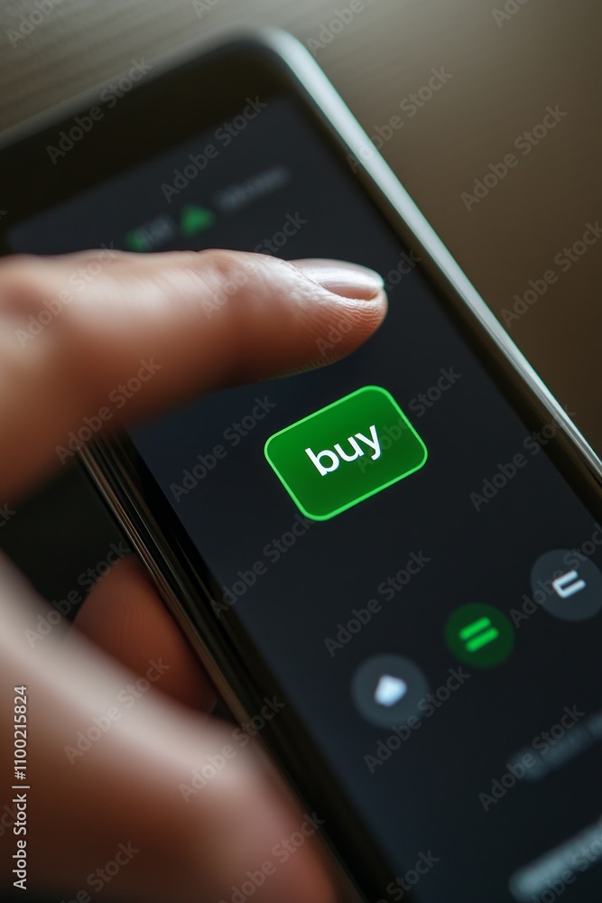 Poster a hand presses the buy button on a mobile trading app, indicating an active decision to purchase ass