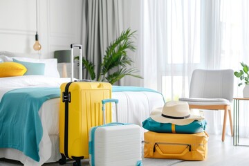 Travel Essentials: Suitcases and Accessories in Hotel Room