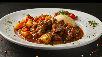 Fototapeta premium Beef stroganoff plate with mashed potatoes and vegetables on a dark background 