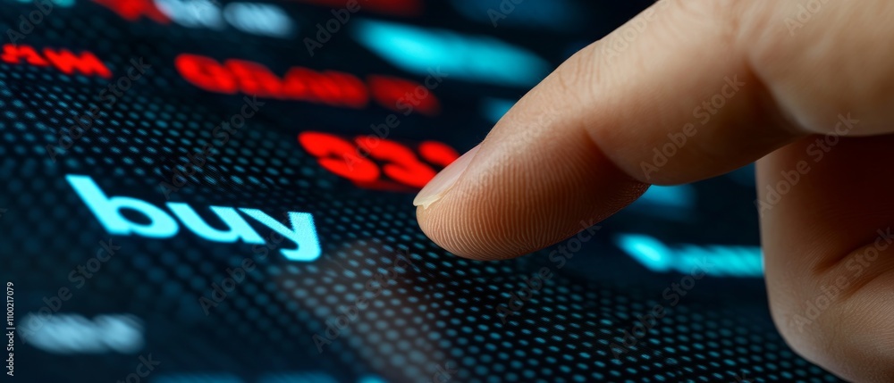 Poster a hand is reaching towards a glowing buy button on a trading interface, highlighting the decision-ma