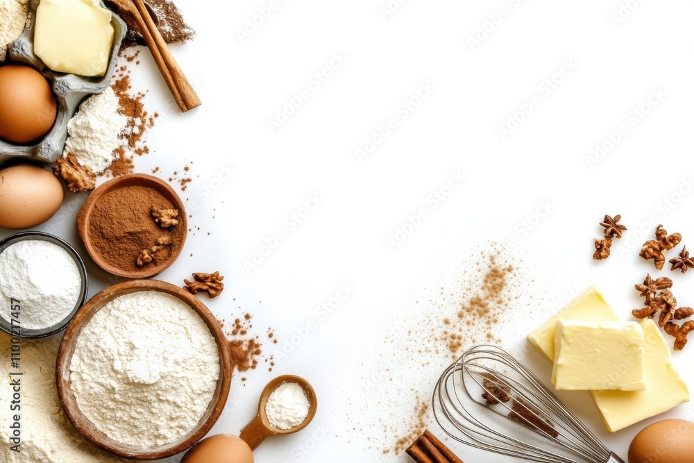 Poster various baking ingredients including flour, eggs, and butter are neatly arranged on a white surface,