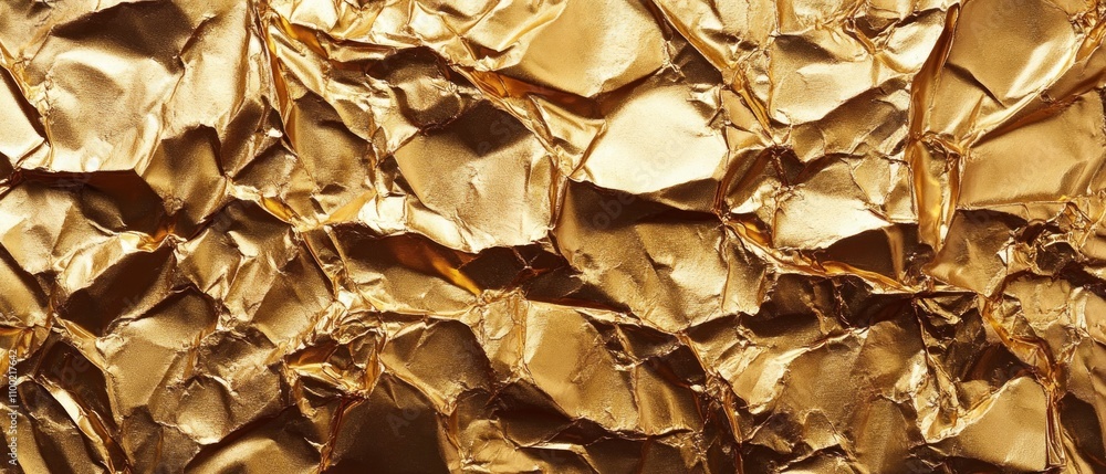 Poster a shiny, crumpled golden foil shows its textured surface illuminated by soft light. the intricate fo