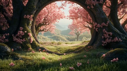 A forest with a large tree in the middle with pink flowers. The tree is surrounded by other trees and grass