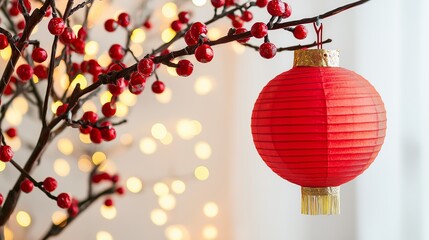 Obraz premium Festive red lantern hanging on branches with glowing lights in the background