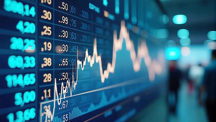 Obraz premium A sleek user interface of a digital stock market dashboard with highlighted graphs, candlestick charts, and live data feeds in a high-tech trading environment.