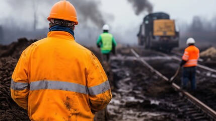 Construction supervisor watching workers at railway site against excavator backdrop. Railway maintenance and safety supervision