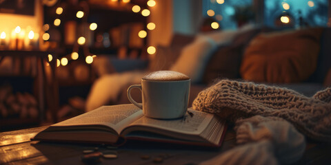 Hot drink book on winter window background Generative AI