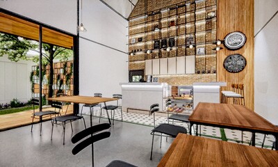 Loft style cafe. Interior 3D render.