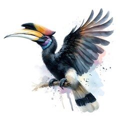 Fototapeta premium 흰 배경, 코뿔새, 수채화 (white background, Rhinoceros hornbill, water colour) 