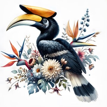 흰 배경, 코뿔새, 수채화 (white background, Rhinoceros hornbill, water colour) 