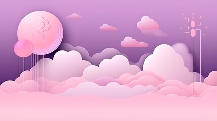 Pink Cloudscape with Abstract Floating Symbols