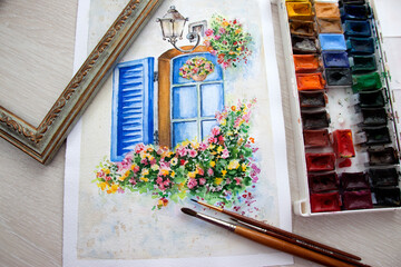 Illustration of a window with a lantern and flowers