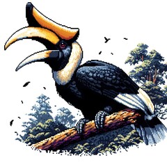 Fototapeta premium 흰 배경, 코뿔새, 픽셀아트 (white background, Rhinoceros hornbill, pixel art)