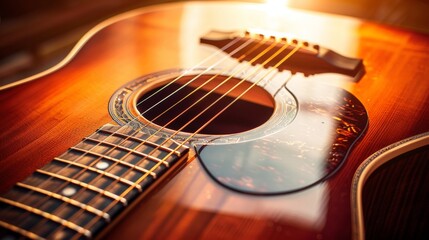 Fototapeta premium Detailed photography showcasing the strings and body of a guitar.