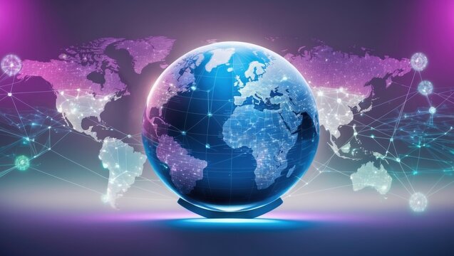 Transparent Globe with Blockchain and Digital Ecosystems Visuals