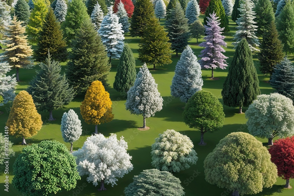 Aufkleber panoramic illustration of three-dimensional tree varieties for modern textiles and architecture