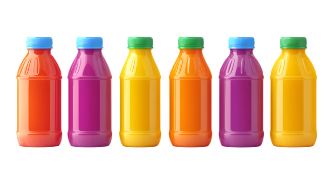 Colorful juice or smoothie plastic bottle mockup set, isolated on a transparent background.