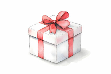 Obraz premium Charming watercolor illustration of a beautifully wrapped gift box adorned with a vibrant red ribbon, perfect for celebrating special occasions, holidays, or birthdays.