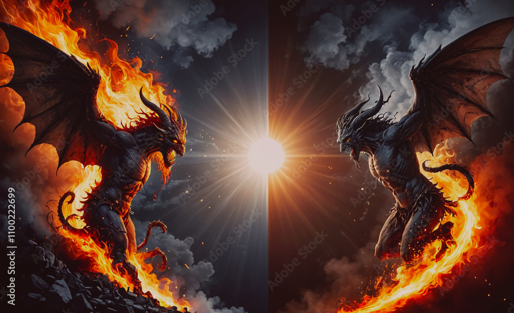 Poster two dragons are fighting in the sky. one is on the left and the other is on the right