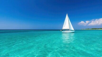 Fototapeta premium Crystalclear turquoise waters with a lone sailboat, bright sunny day, tropical paradise