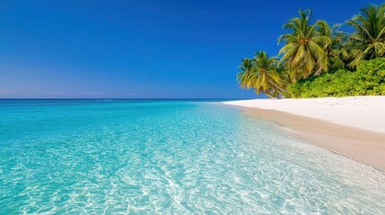 Fototapeta premium Crystalclear water lapping against a sandy shore, tropical island paradise, peaceful and inviting
