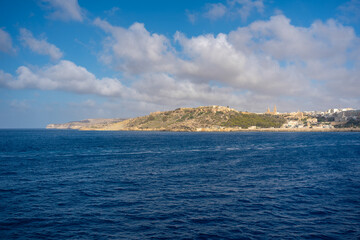 Empty horizon ocean. Gozo ferry Malta. Island landscape and seascape in the Maltese archipelago on...