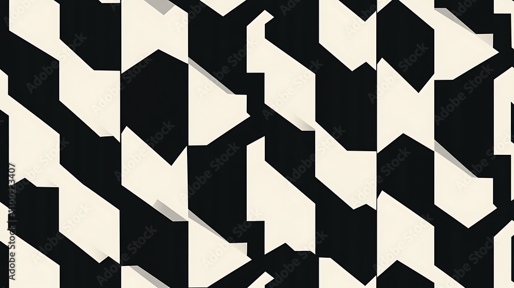 Poster houndstooth pattern in bold black and white with dynamic geometric shapes creating an eye-catching f