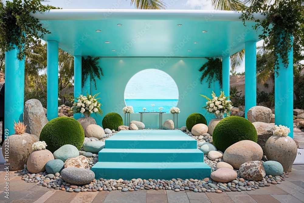 Aufkleber enchanting aqua event setup with stage smooth pebbles and invigorating background