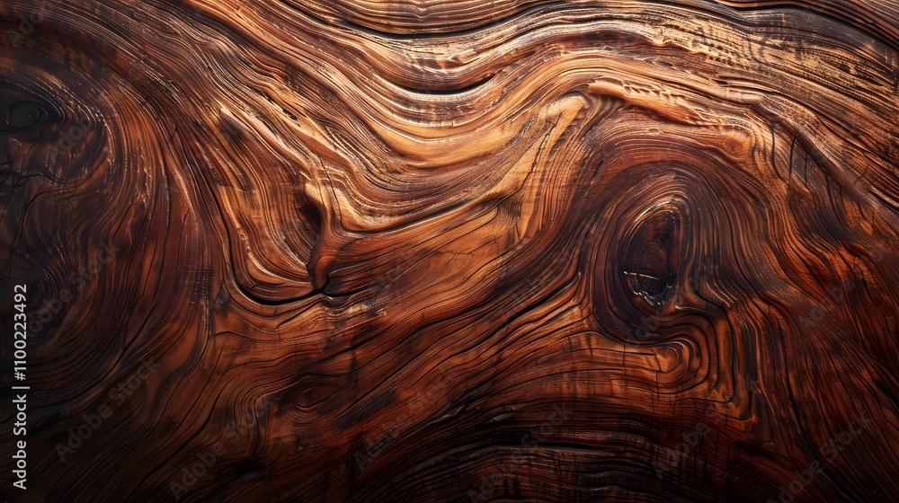 Poster richly textured surface of warm brown wood with swirling grain patterns, perfect for backgrounds and