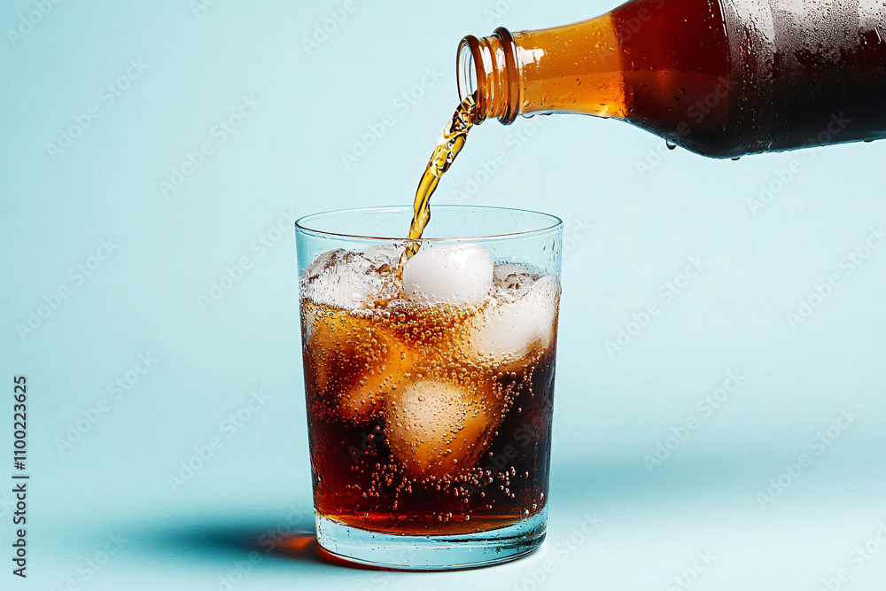 Poster refreshing cola pouring into a glass filled with ice cubes, creating a fizzy and cool drink on a lig