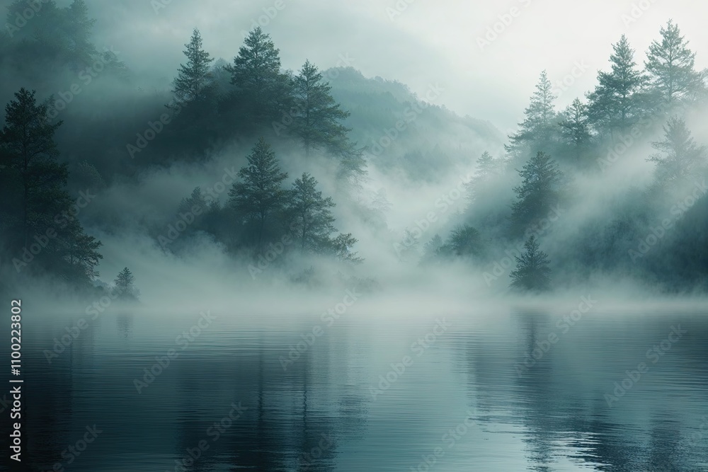 Poster serene misty background design for creating a calm and peaceful atmosphere