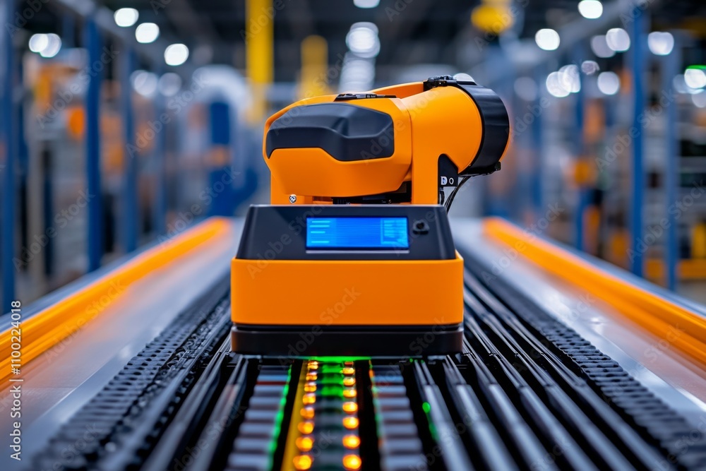 Poster An automated quality control system scanning products for defects, with advanced sensors and screens displaying results