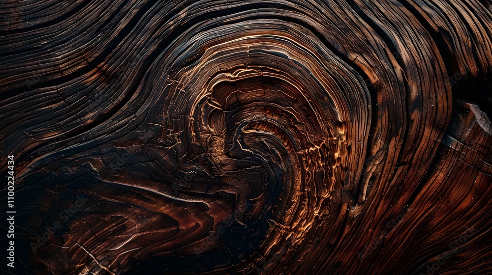 Poster intricate patterns of burnt wood grain displaying natural swirls and rich textures under dramatic li
