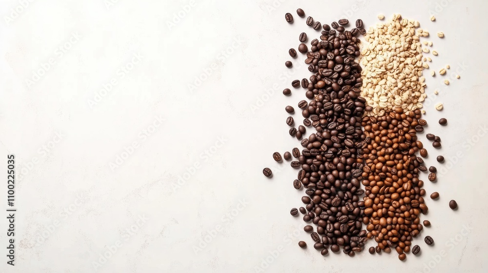 Fototapete various types of coffee beans are artfully arranged on a white background, leaving a section clear f