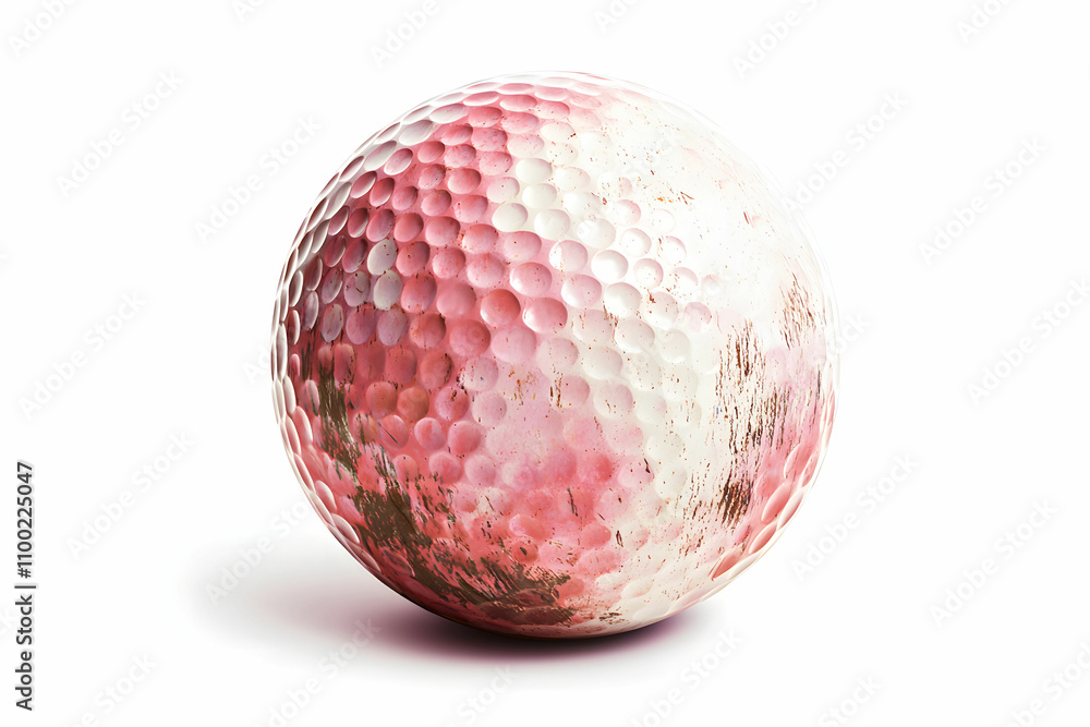 Poster close-up view of a worn golf ball with distinctive pink and white texture displaying detail of dimpl