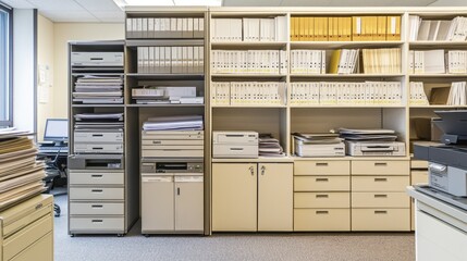 Organized Office Storage with Filing Cabinets and Papers