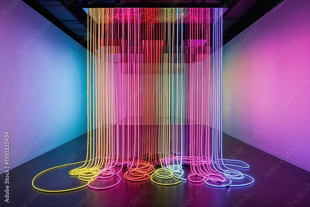 Poster vibrant three-dimensional neon art installation with flowing ribbons and dynamic gradient background