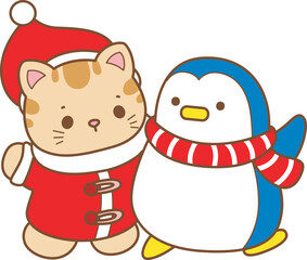 Illustration of cute kitty Christmas icon.
Funny Christmas cat in daily activities elements.
