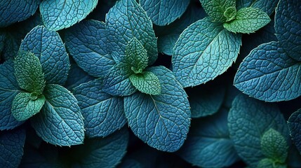Vibrant green and blue leaves with detailed texture in natural arrangement