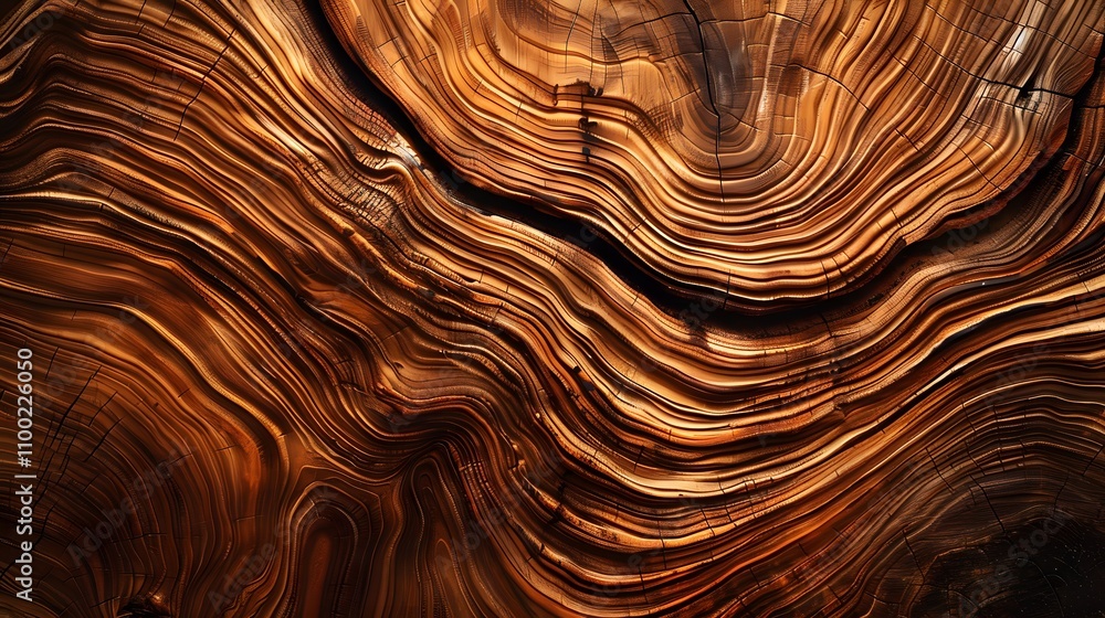 Poster abstract close-up of unique tree rings displaying rich textures and warm tones with a fluid design, 